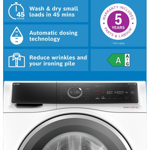 Bosch Series 8 i-Dos WNC25410GB Wifi Connected 10.5Kg / 6Kg Washer Dryer with 1400 rpm - White - annotation - why buy shot